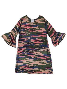 LaRoque Original Silk Dress Womens Size Medium Camo Bell Slv Designer Green Pink